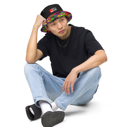 Neon Mythos reversible bucket hat with abstract multicolor streetwear design, unisex fit by Hipyfi Clothes & Design. front-2-inside