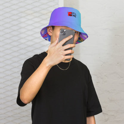 Reversible retro bucket hat with 80s pattern and gradient design by Hipyfi Clothes & Design front-inside
