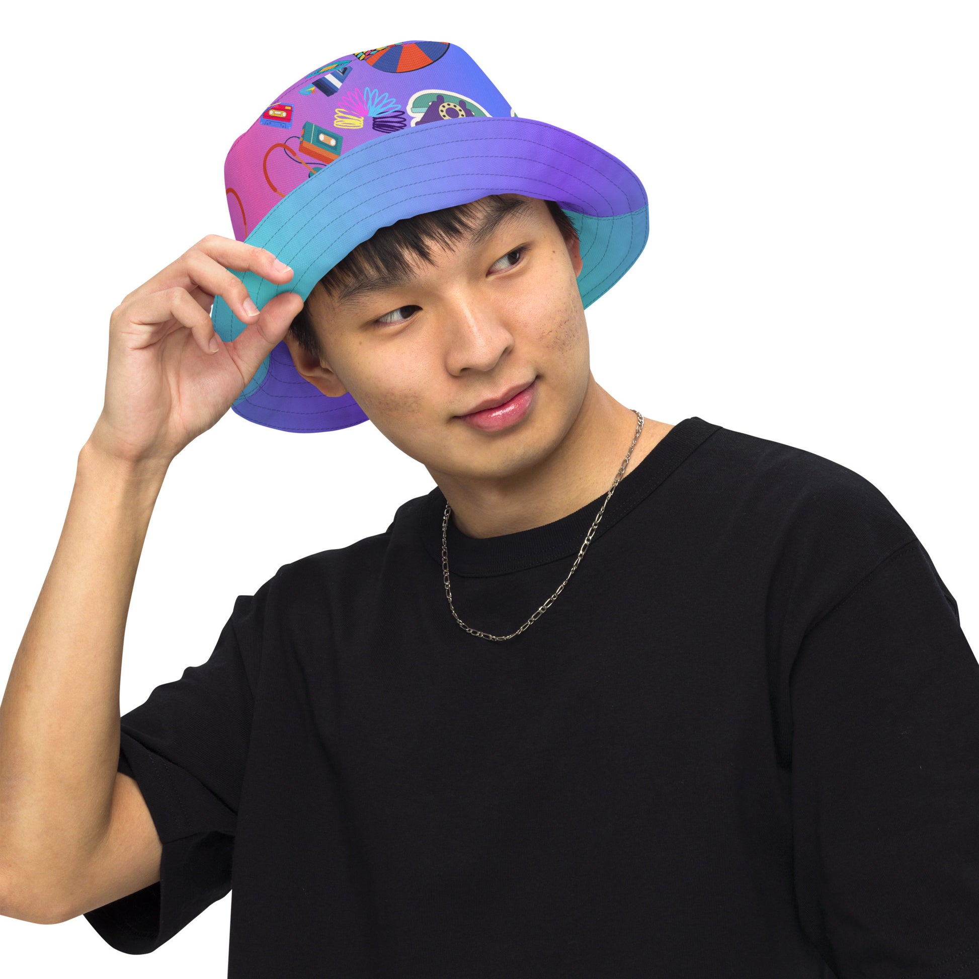 Reversible retro bucket hat with 80s pattern and gradient design by Hipyfi Clothes & Design front-outside-2