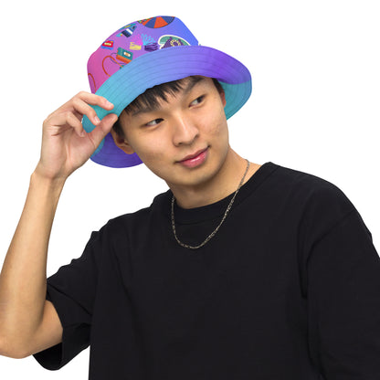 Reversible retro bucket hat with 80s pattern and gradient design by Hipyfi Clothes & Design front-outside-2