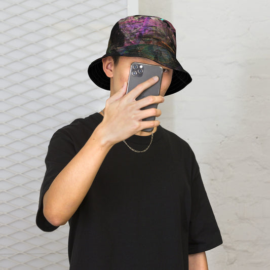 Hipyfi Chromatic Dreams Reversible Bucket Hat: Vibrant modern art print, unisex design. Lightweight & breathable for festivals. men front outside