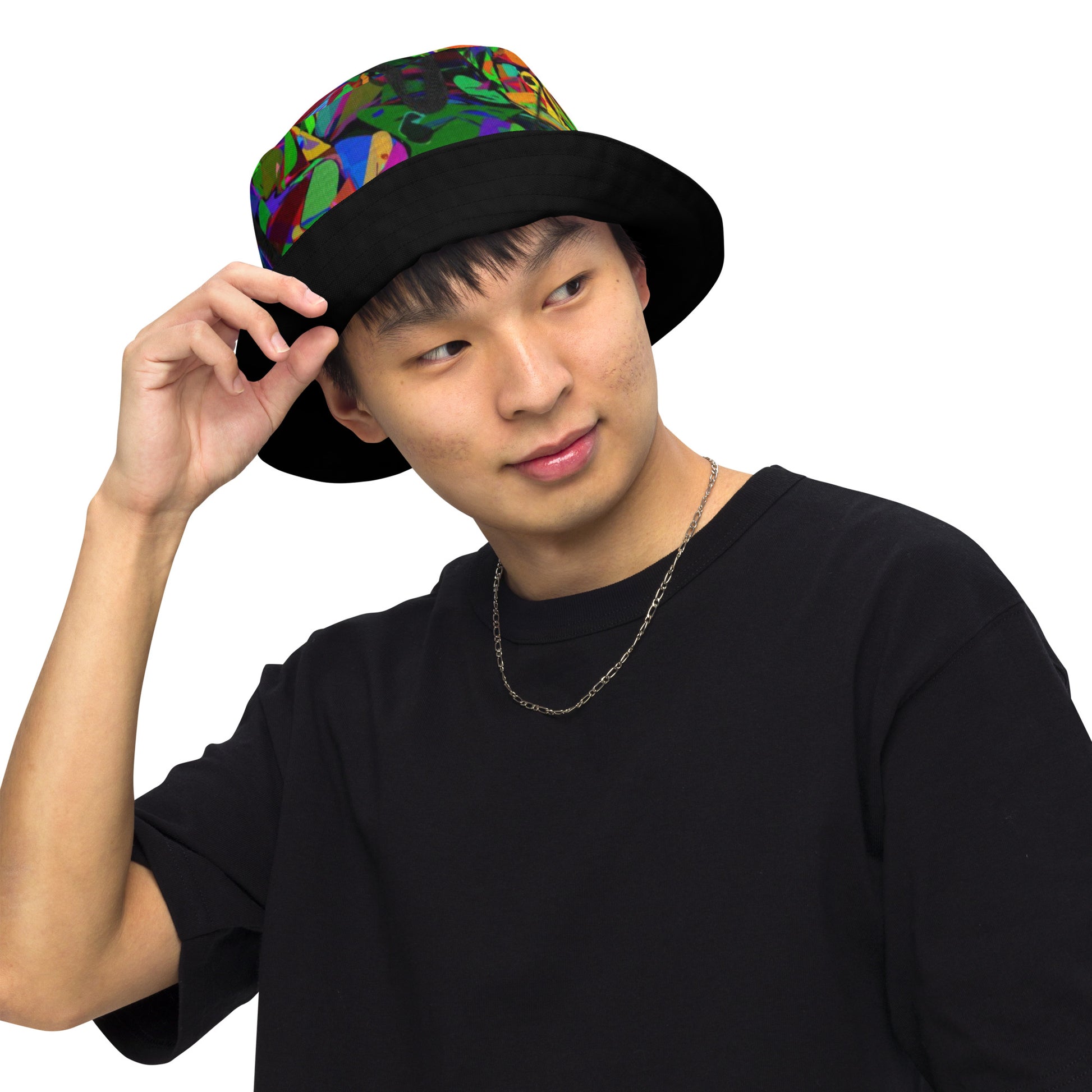 Neon Mythos reversible bucket hat with abstract multicolor streetwear design, unisex fit by Hipyfi Clothes & Design. front-outside