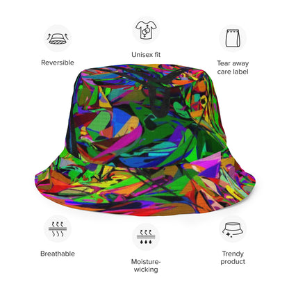 Neon Mythos reversible bucket hat with abstract multicolor streetwear design, unisex fit by Hipyfi Clothes & Design. outside-product-info