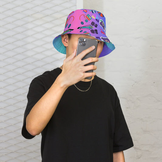 Reversible retro bucket hat with 80s pattern and gradient design by Hipyfi Clothes & Design front-outside