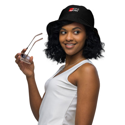 Hipyfi Chromatic Dreams Reversible Bucket Hat: Vibrant modern art print, unisex design. Lightweight & breathable for festivals. girl left-front-inside