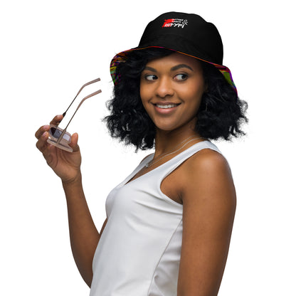 Neon Mythos reversible bucket hat with abstract multicolor streetwear design, unisex fit by Hipyfi Clothes & Design. left-front-inside