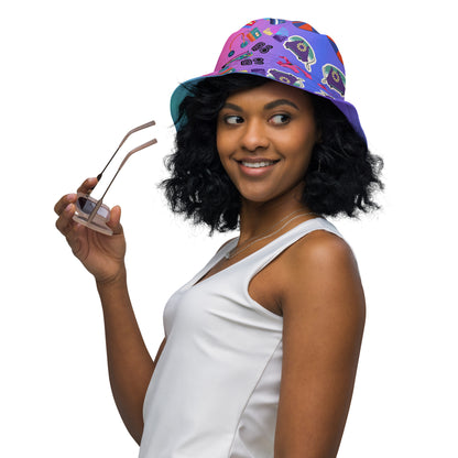 Reversible retro bucket hat with 80s pattern and gradient design by Hipyfi Clothes & Design front-outside-3