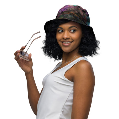 Hipyfi Chromatic Dreams Reversible Bucket Hat: Vibrant modern art print, unisex design. Lightweight & breathable for festivals. girl left-front-outside