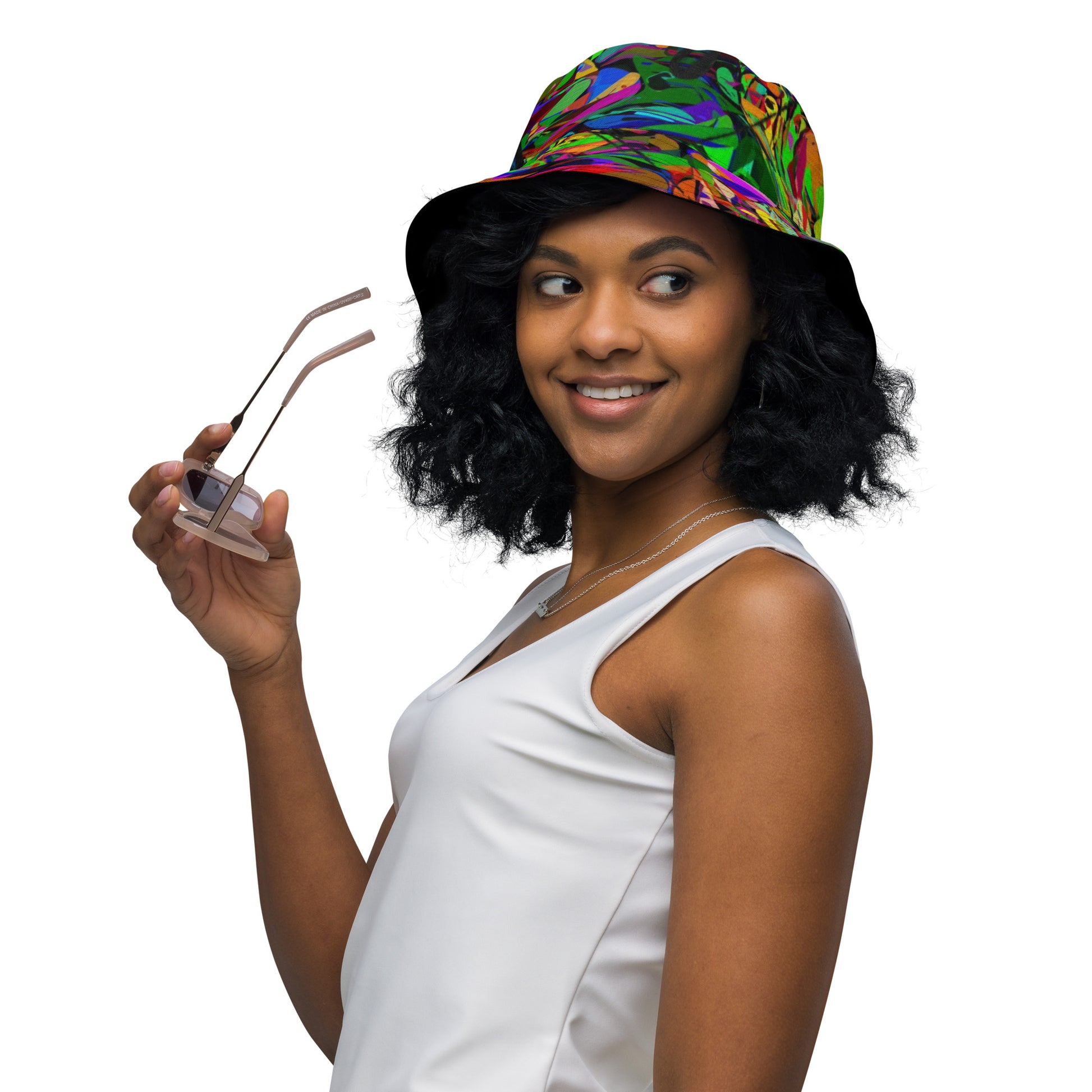 Neon Mythos reversible bucket hat with abstract multicolor streetwear design, unisex fit by Hipyfi Clothes & Design. left-front-outside