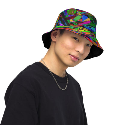 Neon Mythos reversible bucket hat with abstract multicolor streetwear design, unisex fit by Hipyfi Clothes & Design. front-outside