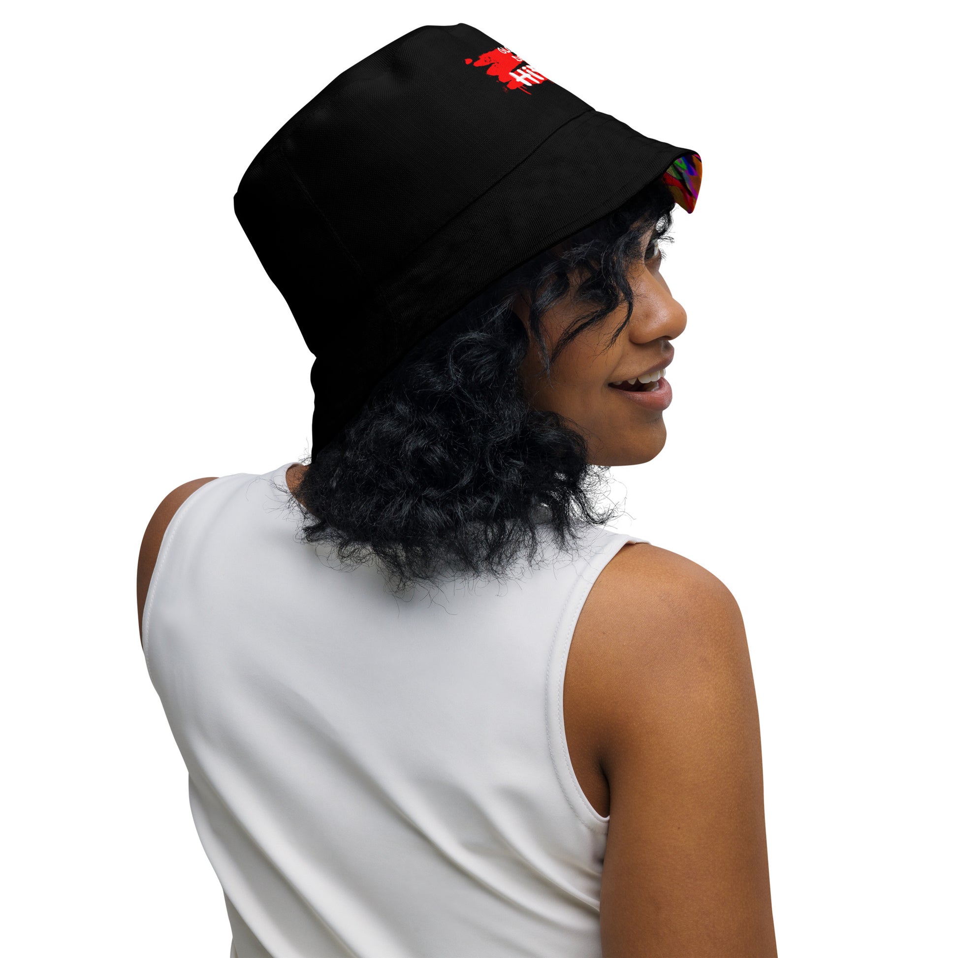 Neon Mythos reversible bucket hat with abstract multicolor streetwear design, unisex fit by Hipyfi Clothes & Design. right-inside