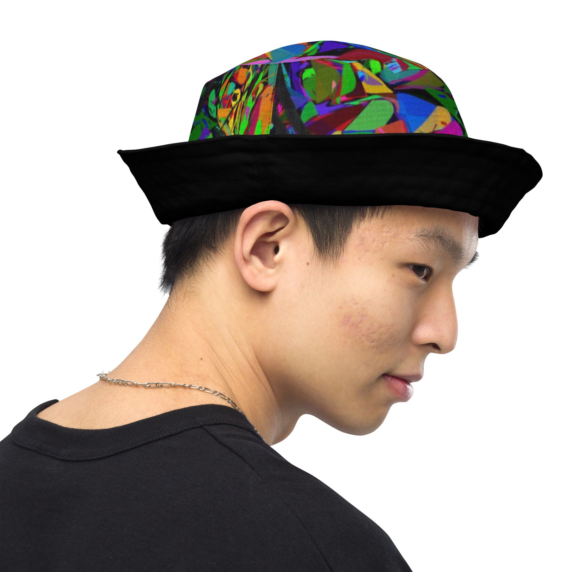 Neon Mythos reversible bucket hat with abstract multicolor streetwear design, unisex fit by Hipyfi Clothes & Design. right-outside