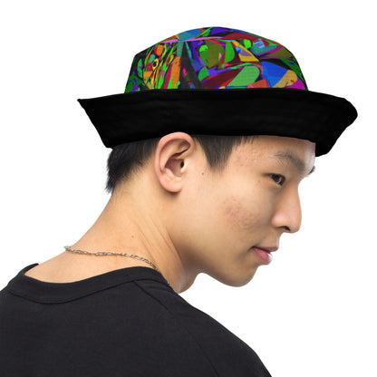 Neon Mythos reversible bucket hat with abstract multicolor streetwear design, unisex fit by Hipyfi Clothes & Design. right-outside