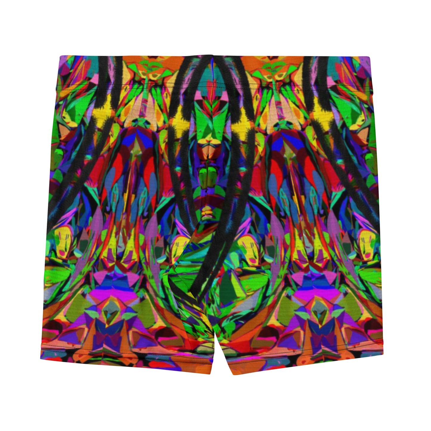 Vibrant neon abstract print women's shorts by Hipyfi Clothes & Design, featuring a bold street art design, perfect for activewear and summer style. Back-2