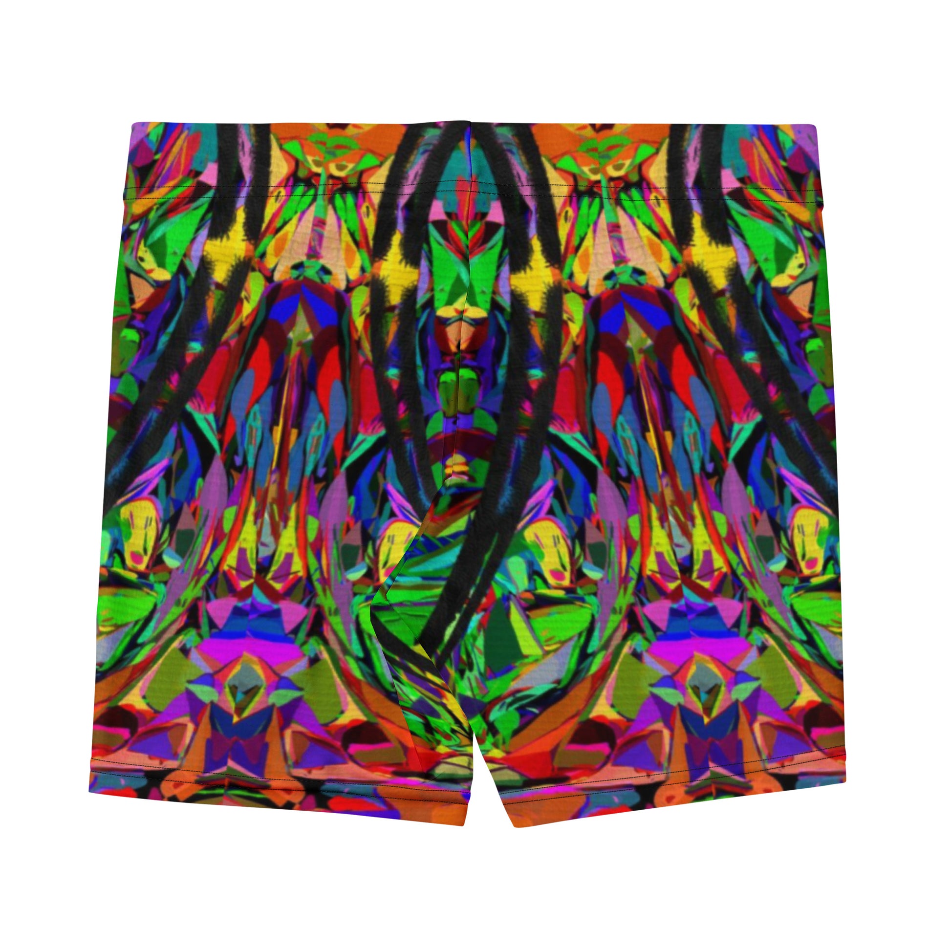 Vibrant neon abstract print women's shorts by Hipyfi Clothes & Design, featuring a bold street art design, perfect for activewear and summer style. Back-2