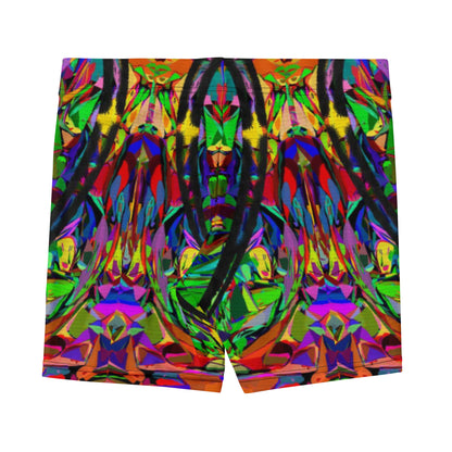 Vibrant neon abstract print women's shorts by Hipyfi Clothes & Design, featuring a bold street art design, perfect for activewear and summer style. Back-2