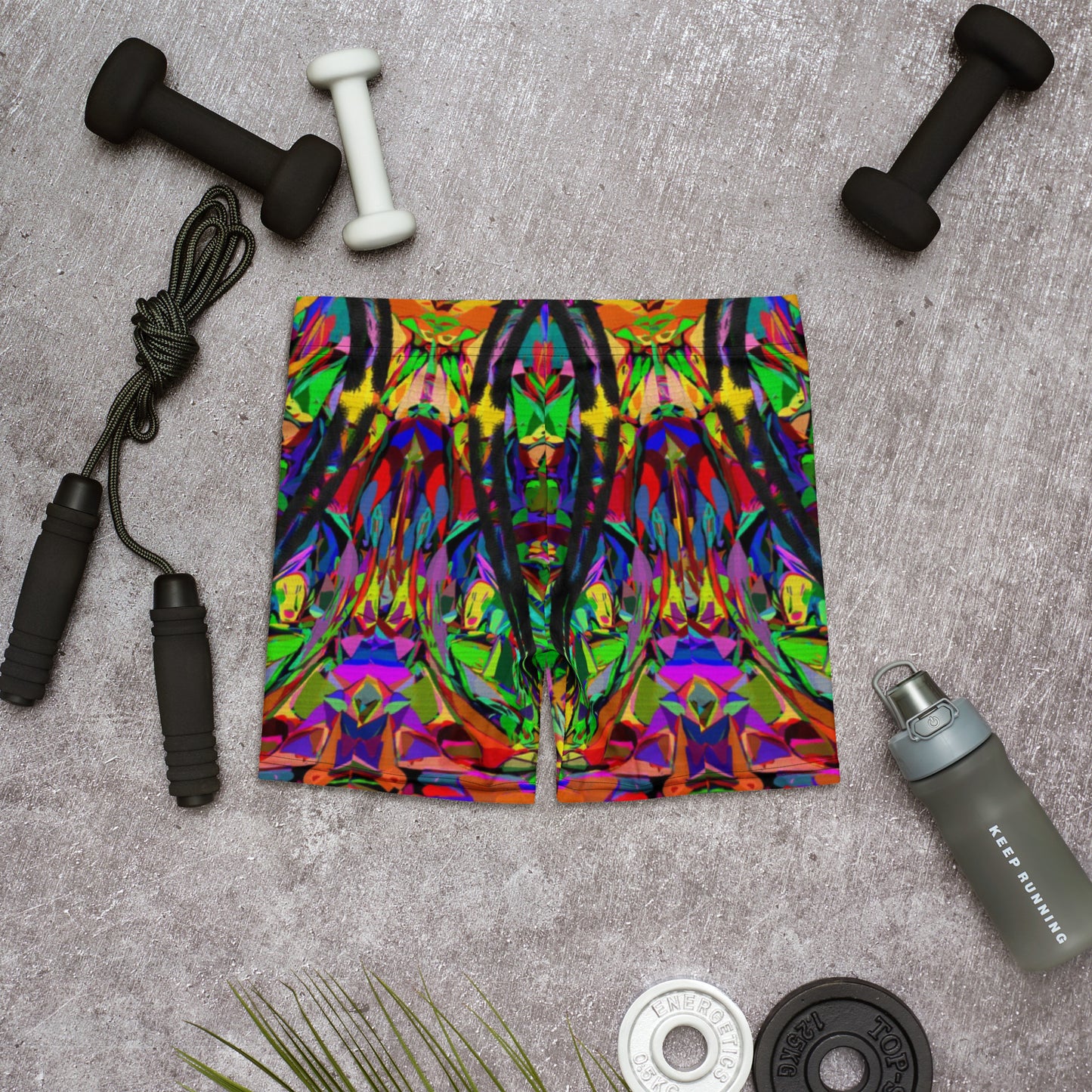 Vibrant neon abstract print women's shorts by Hipyfi Clothes & Design, featuring a bold street art design, perfect for activewear and summer style. Back