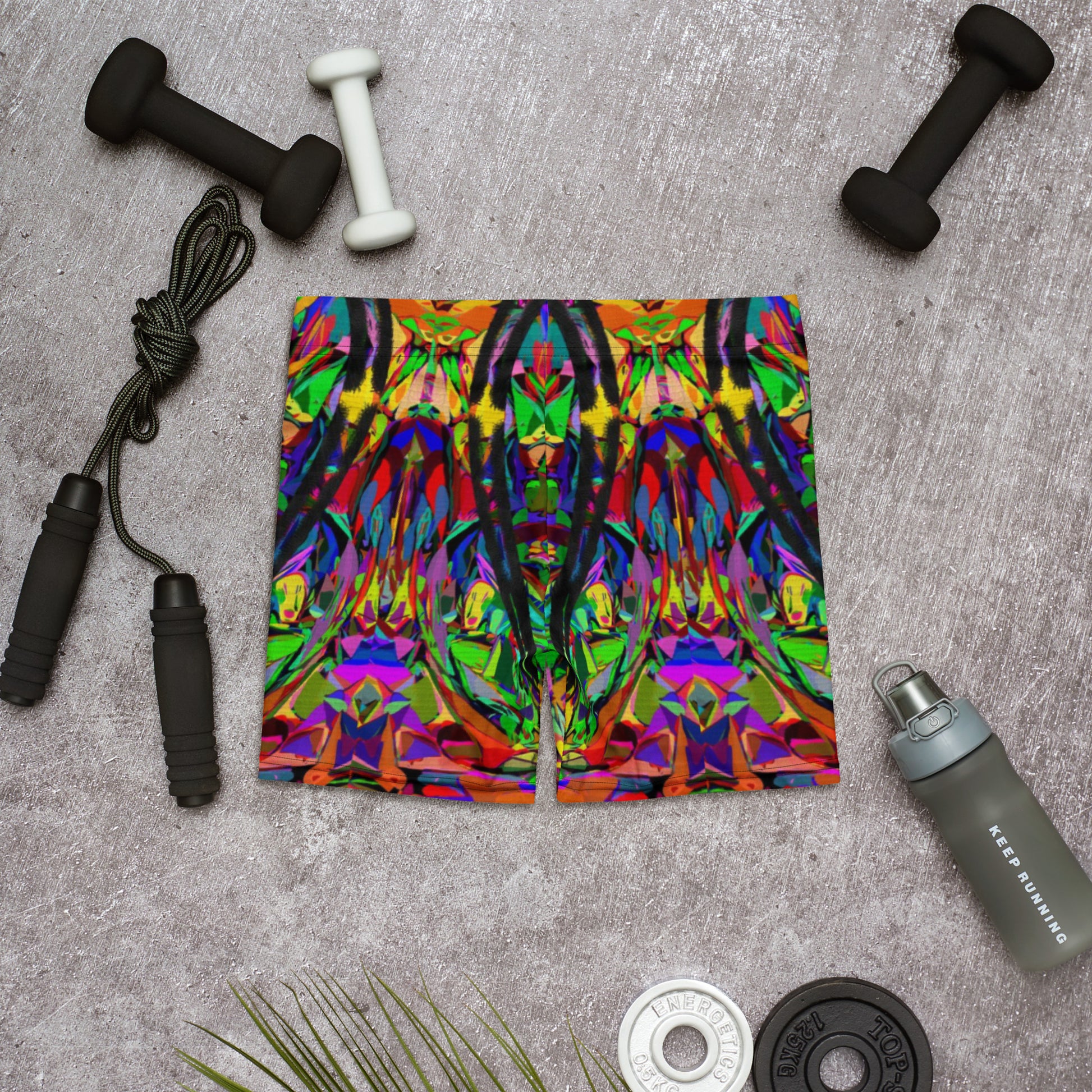 Vibrant neon abstract print women's shorts by Hipyfi Clothes & Design, featuring a bold street art design, perfect for activewear and summer style. Back