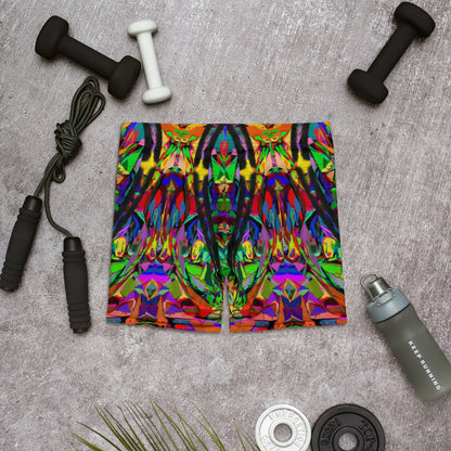 Vibrant neon abstract print women's shorts by Hipyfi Clothes & Design, featuring a bold street art design, perfect for activewear and summer style. Back