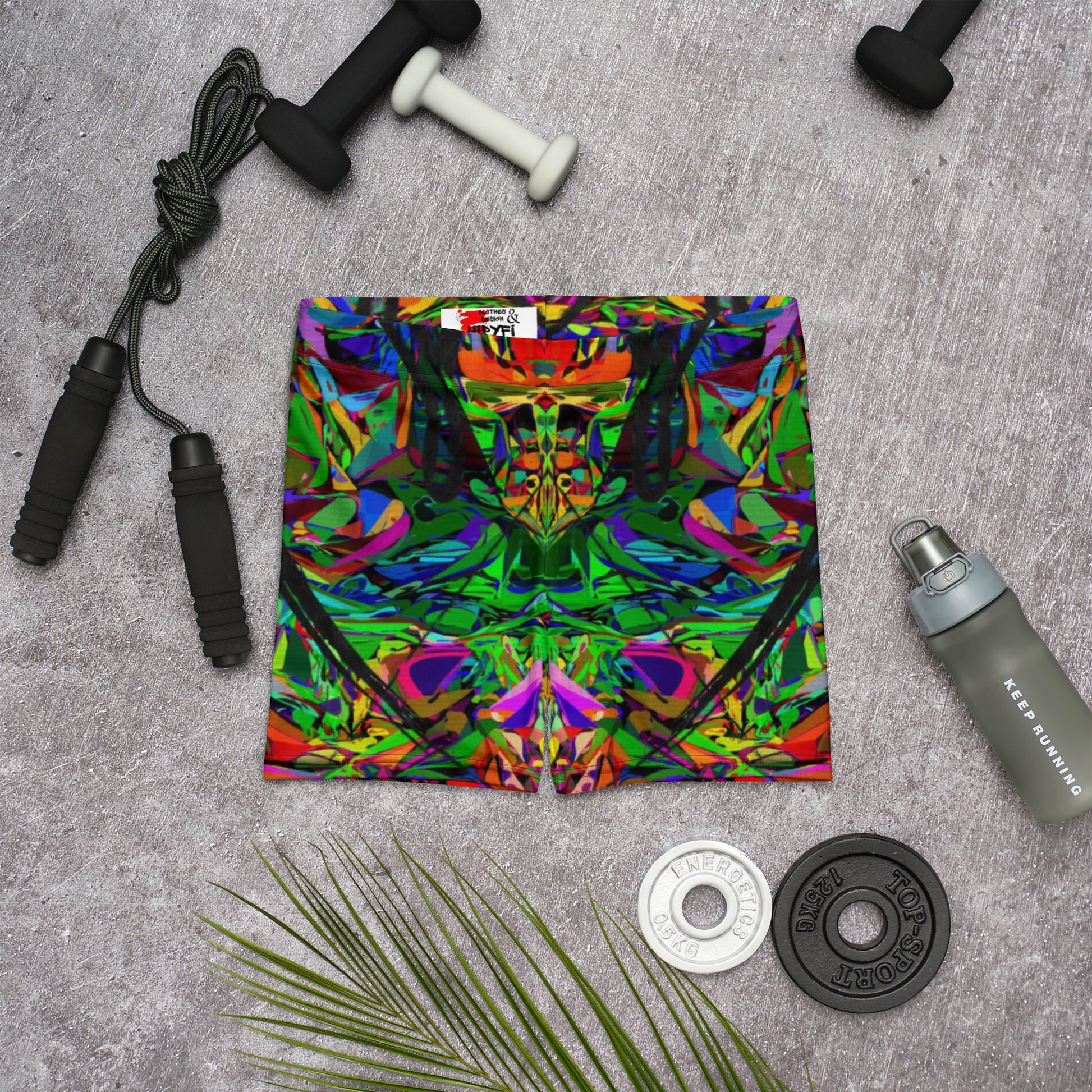 Vibrant neon abstract print women's shorts by Hipyfi Clothes & Design, featuring a bold street art design, perfect for activewear and summer style. Front