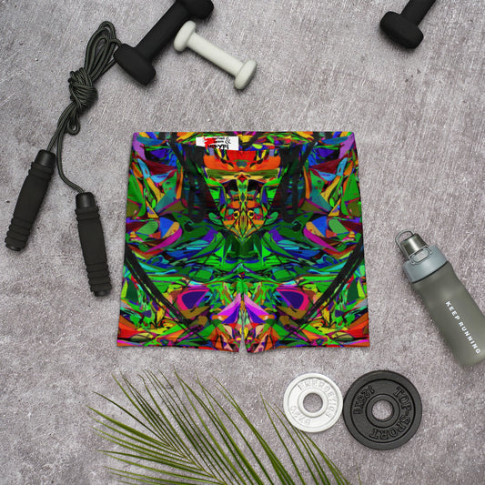 Vibrant neon abstract print women's shorts by Hipyfi Clothes & Design, featuring a bold street art design, perfect for activewear and summer style. Front