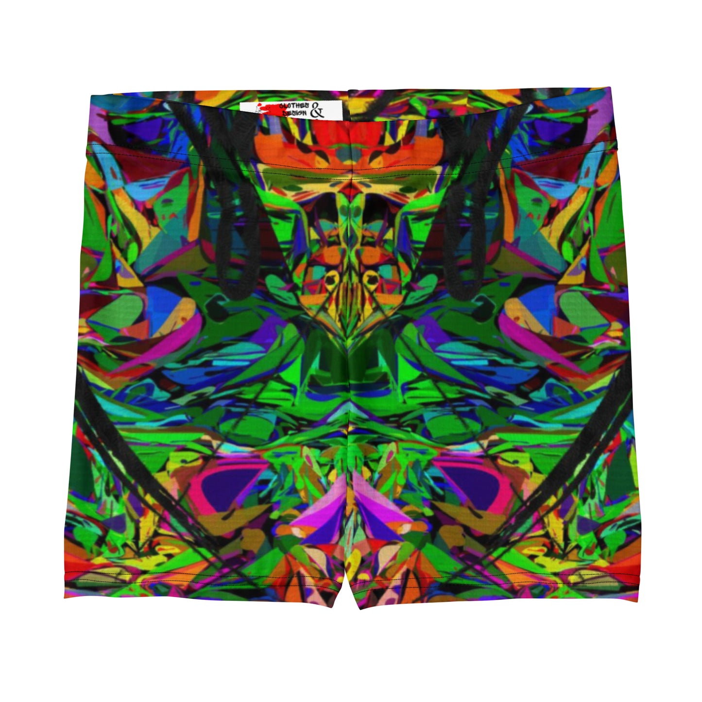 Vibrant neon abstract print women's shorts by Hipyfi Clothes & Design, featuring a bold street art design, perfect for activewear and summer style. Front-2