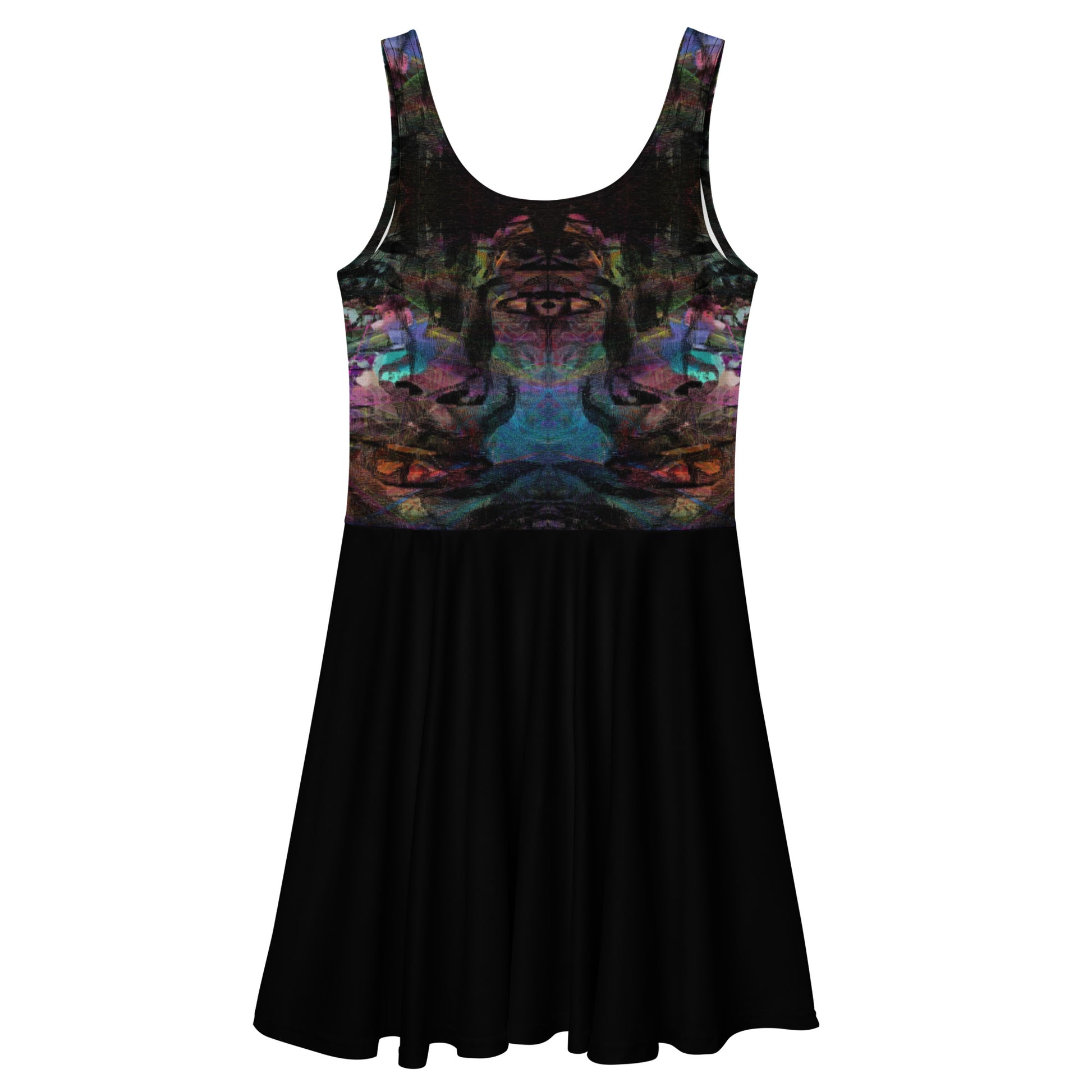 Women’s bold trendy abstract sleeveless skater dress with vibrant digital print. Flared mid-thigh skirt, elastic waistline, and UPF 50+ fabric by Hipyfi. back-3