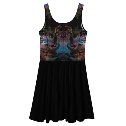 Women’s bold trendy abstract sleeveless skater dress with vibrant digital print. Flared mid-thigh skirt, elastic waistline, and UPF 50+ fabric by Hipyfi. back-3