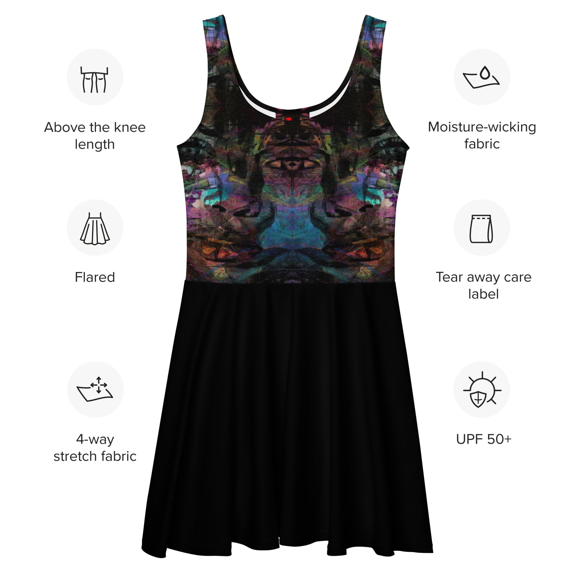Women’s bold trendy abstract sleeveless skater dress with vibrant digital print. Flared mid-thigh skirt, elastic waistline, and UPF 50+ fabric by Hipyfi. product-info