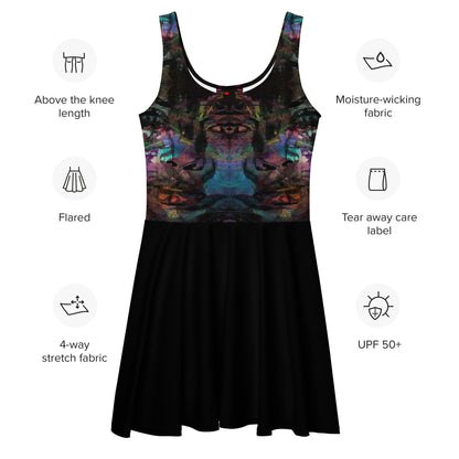 Women’s bold trendy abstract sleeveless skater dress with vibrant digital print. Flared mid-thigh skirt, elastic waistline, and UPF 50+ fabric by Hipyfi. product-info