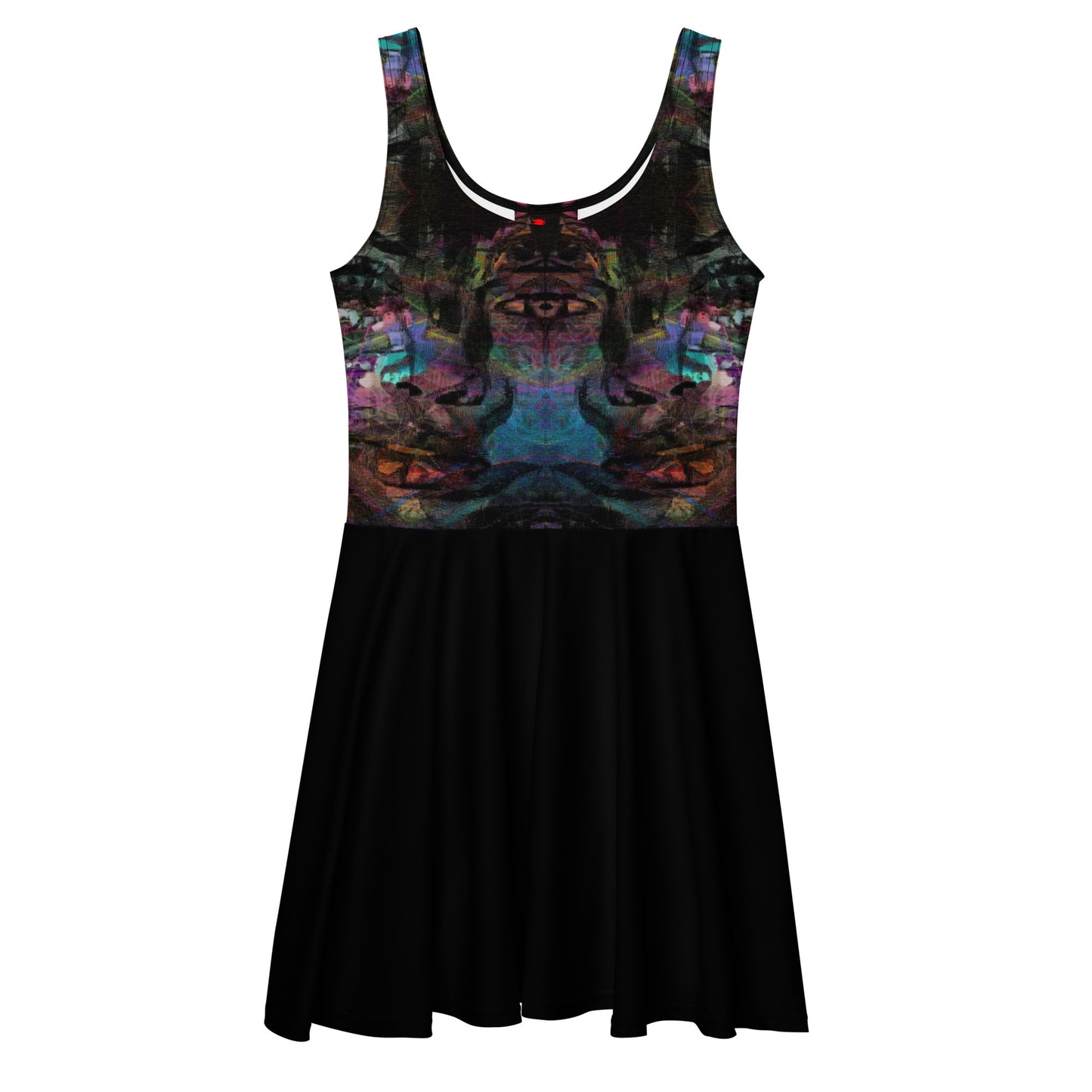 Women’s bold trendy abstract sleeveless skater dress with vibrant digital print. Flared mid-thigh skirt, elastic waistline, and UPF 50+ fabric by Hipyfi. front-3