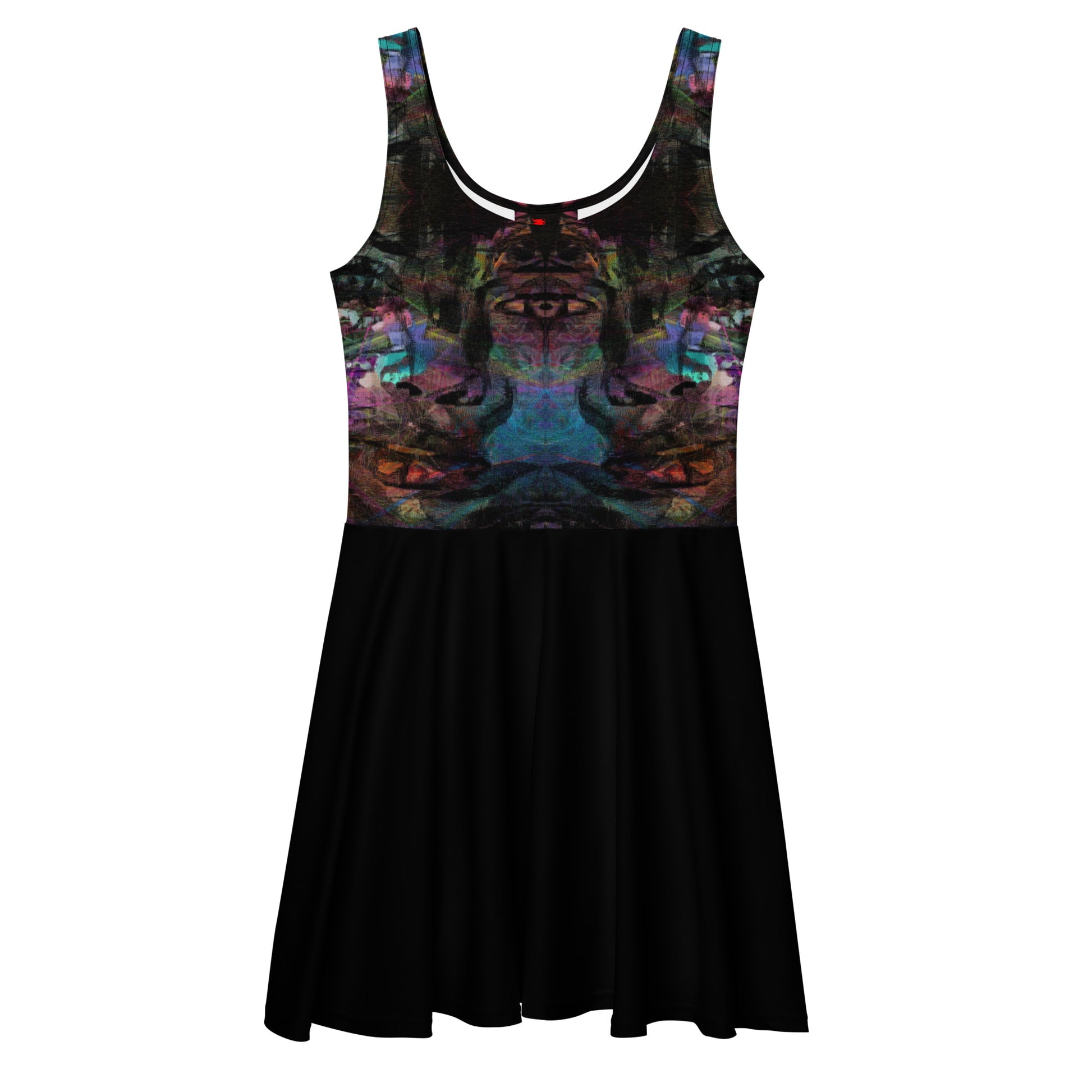 Women’s bold trendy abstract sleeveless skater dress with vibrant digital print. Flared mid-thigh skirt, elastic waistline, and UPF 50+ fabric by Hipyfi. front-3