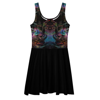 Women’s bold trendy abstract sleeveless skater dress with vibrant digital print. Flared mid-thigh skirt, elastic waistline, and UPF 50+ fabric by Hipyfi. front-3
