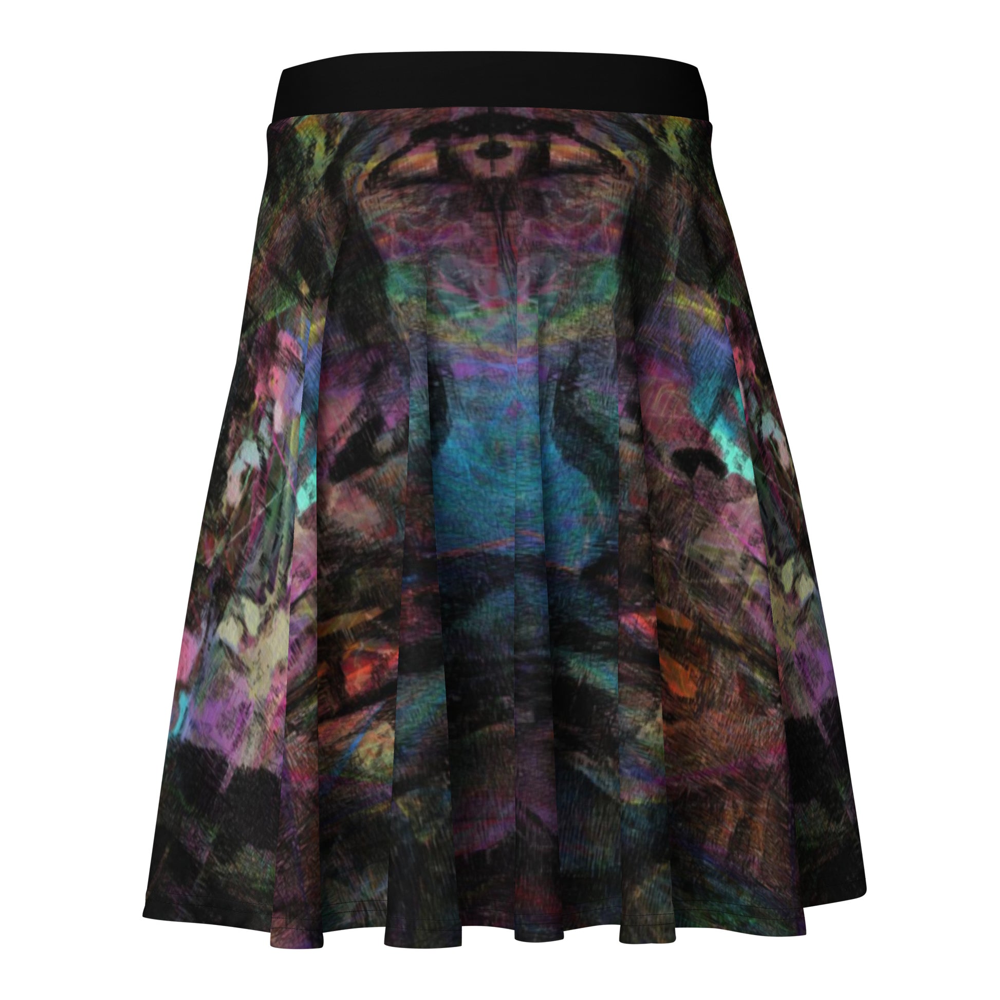 Women's Hipyfi Chromatic Dreams Skater Skirt: Vibrant abstract print, elastic waist, flared streetwear design. Back-2