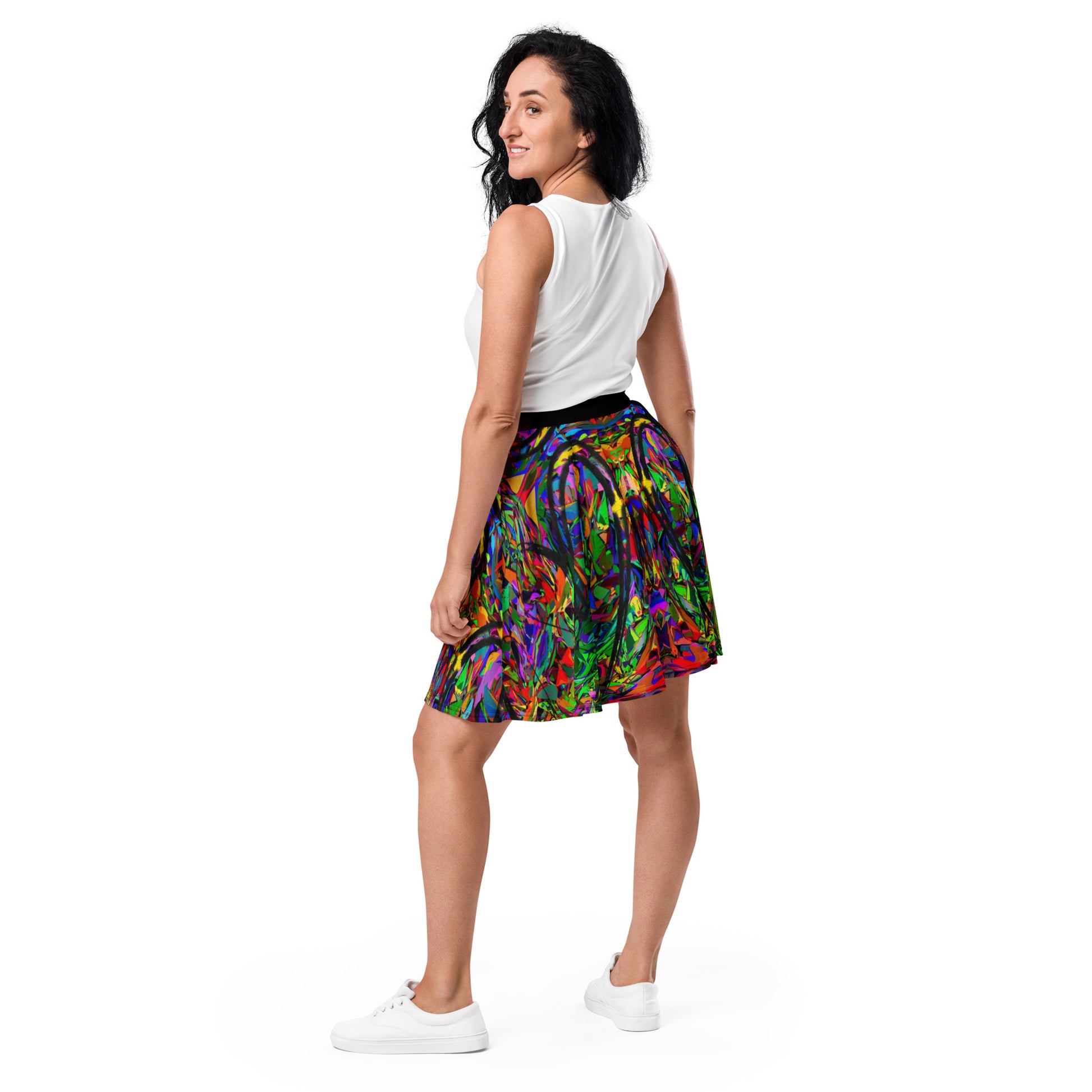 Women’s neon abstract skater skirt with colorful street art print – Hipyfi Clothes & Design Back-2