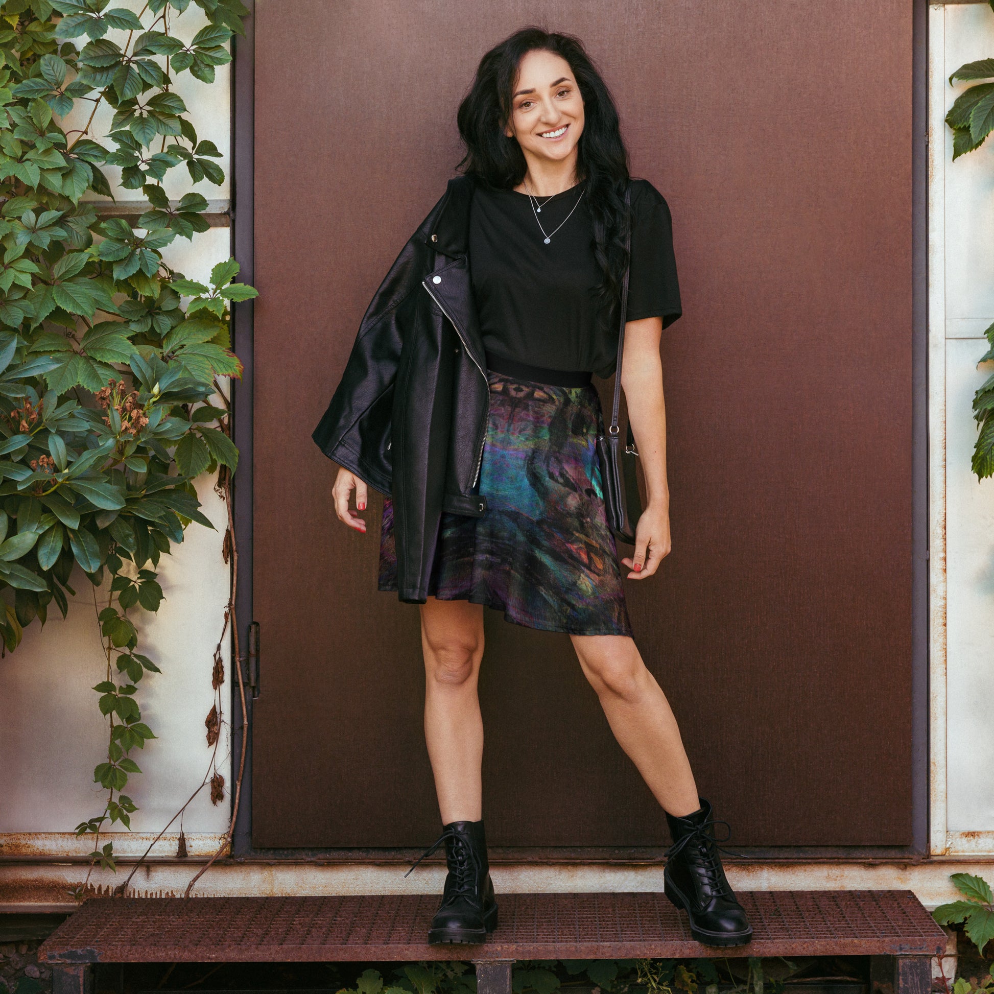 Women's Hipyfi Chromatic Dreams Skater Skirt: Vibrant abstract print, elastic waist, flared streetwear design. front