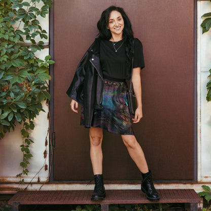 Women's Hipyfi Chromatic Dreams Skater Skirt: Vibrant abstract print, elastic waist, flared streetwear design. front