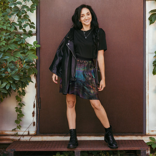 Women's Hipyfi Chromatic Dreams Skater Skirt: Vibrant abstract print, elastic waist, flared streetwear design. front