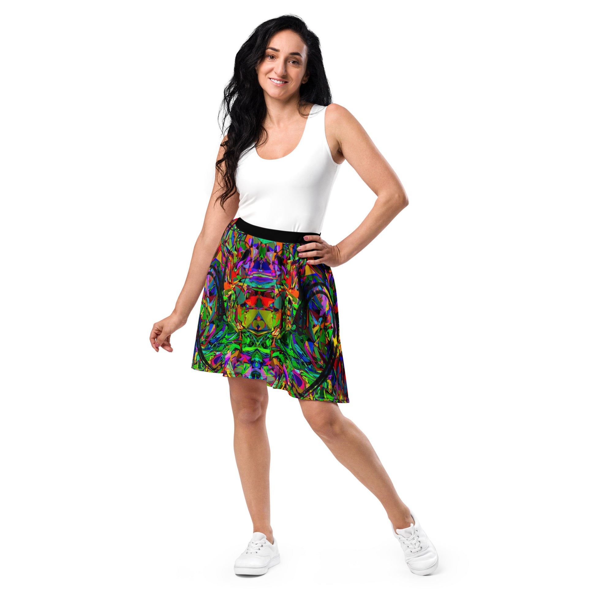 Women’s neon abstract skater skirt with colorful street art print – Hipyfi Clothes & Design Front-2