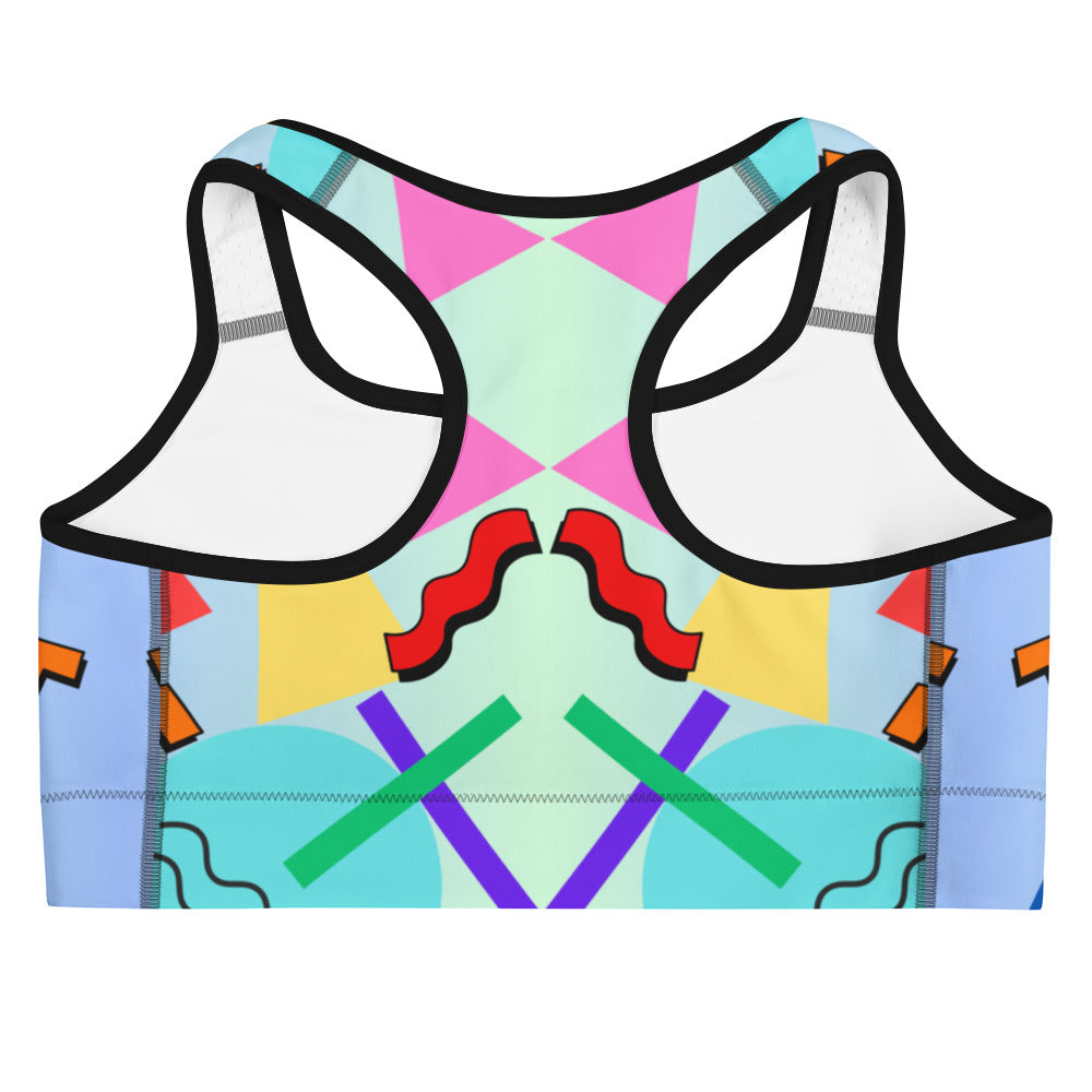 Hipyfi 80s Retro Sports Bra with Memphis pattern – colorful geometric activewear for women. Back-2