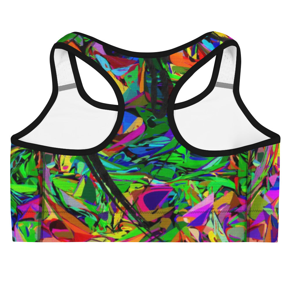 Neon Mythos abstract sports bra with bold neon print for women by Hipyfi – moisture-wicking, racerback activewear. black-Back-2