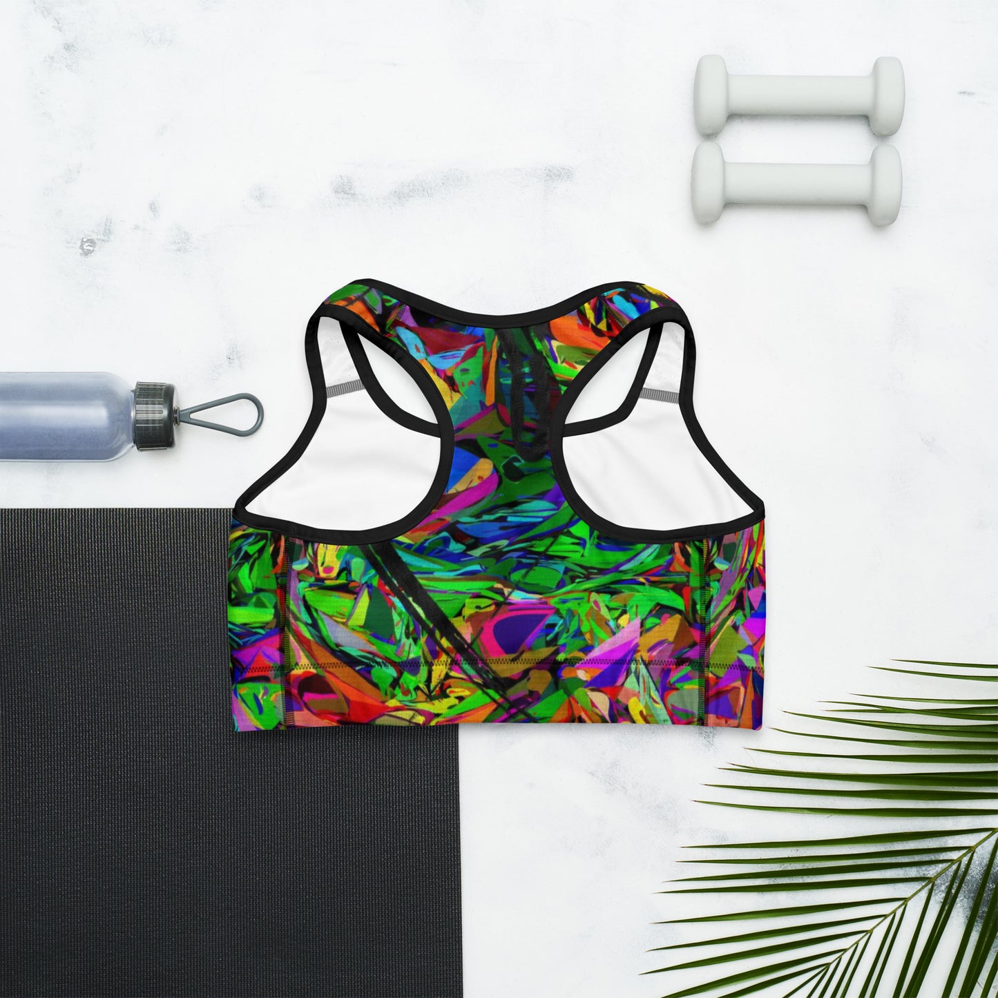 Neon Mythos abstract sports bra with bold neon print for women by Hipyfi – moisture-wicking, racerback activewear. black-Back