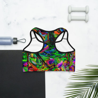 Neon Mythos abstract sports bra with bold neon print for women by Hipyfi – moisture-wicking, racerback activewear. black-Back