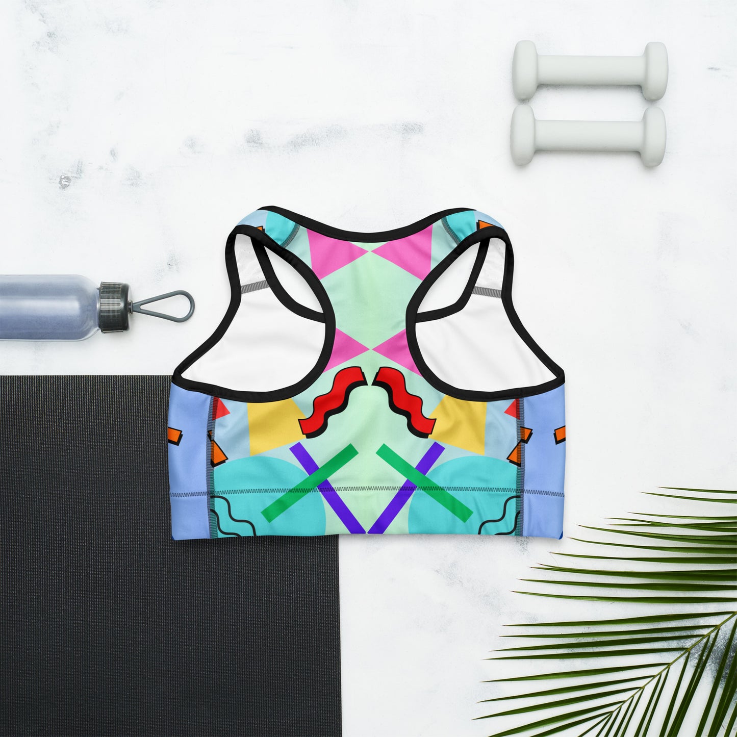 Hipyfi 80s Retro Sports Bra with Memphis pattern – colorful geometric activewear for women. Back
