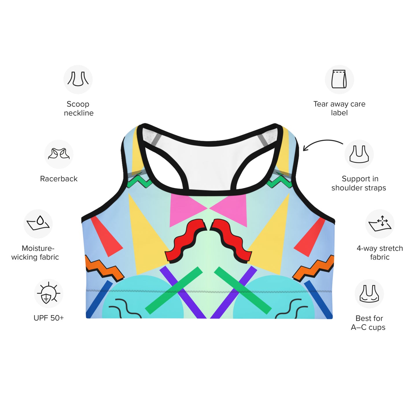 Hipyfi 80s Retro Sports Bra with Memphis pattern – colorful geometric activewear for women. Product-info