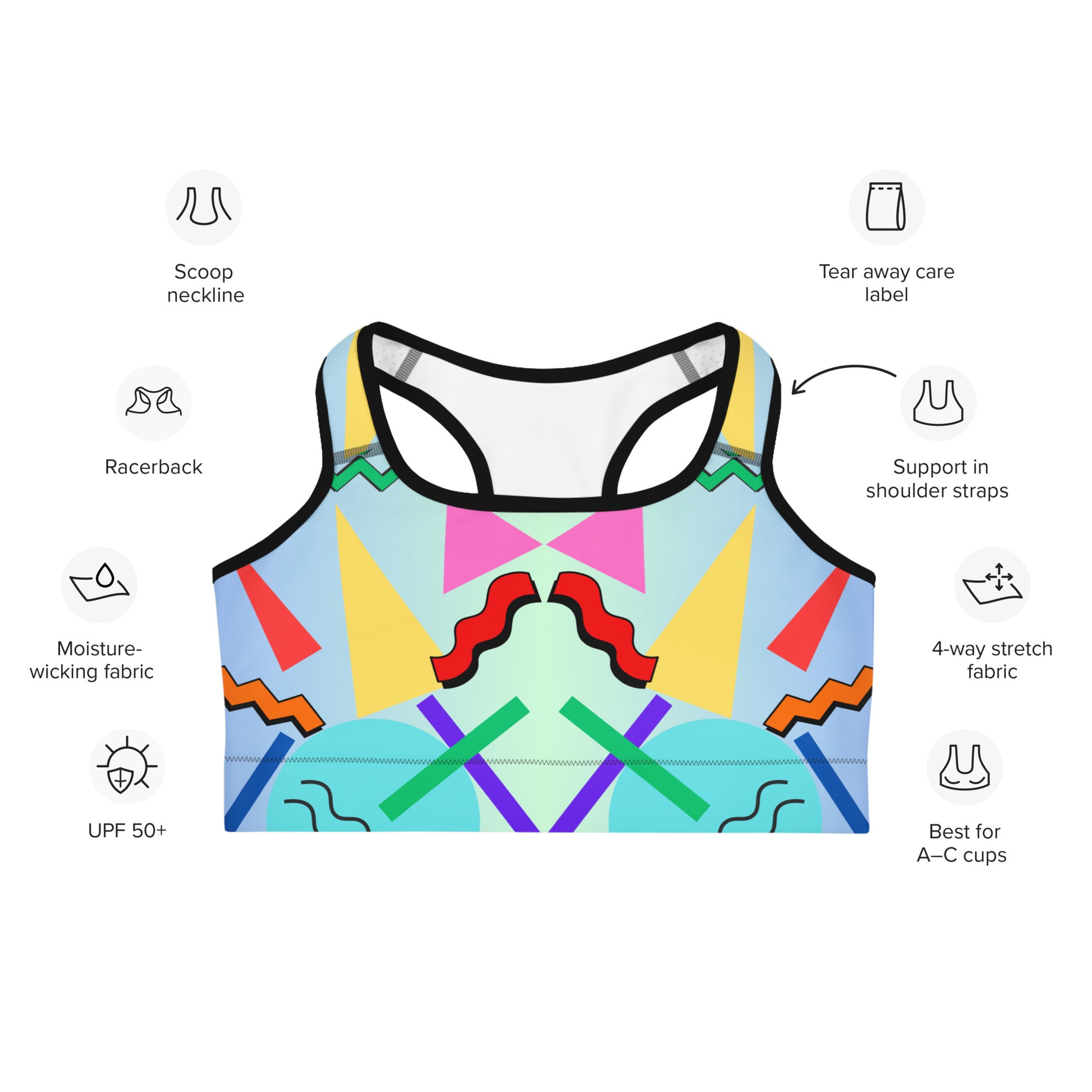 Hipyfi 80s Retro Sports Bra with Memphis pattern – colorful geometric activewear for women. Product-info