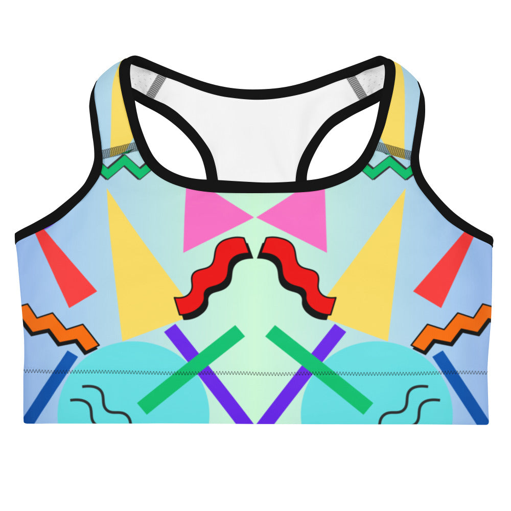 Hipyfi 80s Retro Sports Bra with Memphis pattern – colorful geometric activewear for women. Front-2