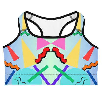 Hipyfi 80s Retro Sports Bra with Memphis pattern – colorful geometric activewear for women. Front-2