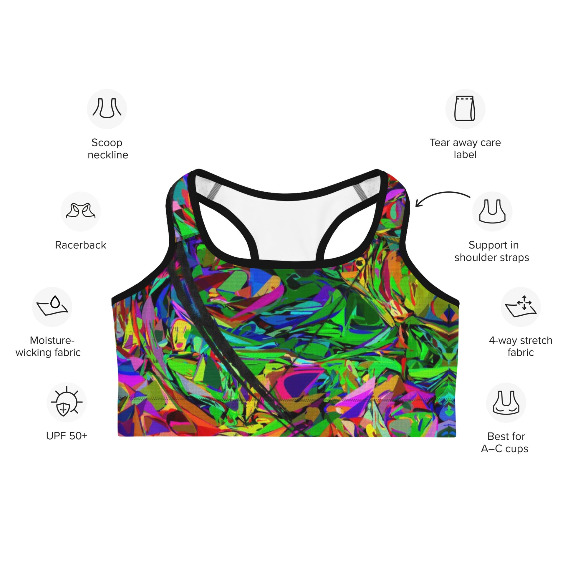 Neon Mythos abstract sports bra with bold neon print for women by Hipyfi – moisture-wicking, racerback activewear. Product-info