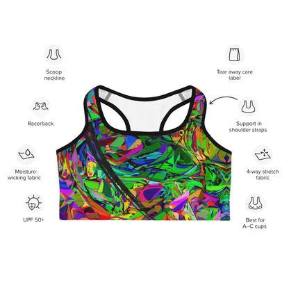 Neon Mythos abstract sports bra with bold neon print for women by Hipyfi – moisture-wicking, racerback activewear. Product-info